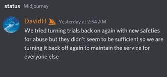 Midjourney暂时关闭免费试用权限理由是异常需求和滥用